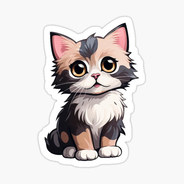 The Flo.Collection's Super Cute Cat features a charming cartoon illustration of a wide-eyed cat with pink ears, fluffy fur, and a delightful mix of white, brown, and black patches, sitting facing forward.