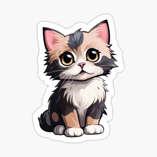 The Flo.Collection's Super Cute Cat features a charming cartoon illustration of a wide-eyed cat with pink ears, fluffy fur, and a delightful mix of white, brown, and black patches, sitting facing forward.